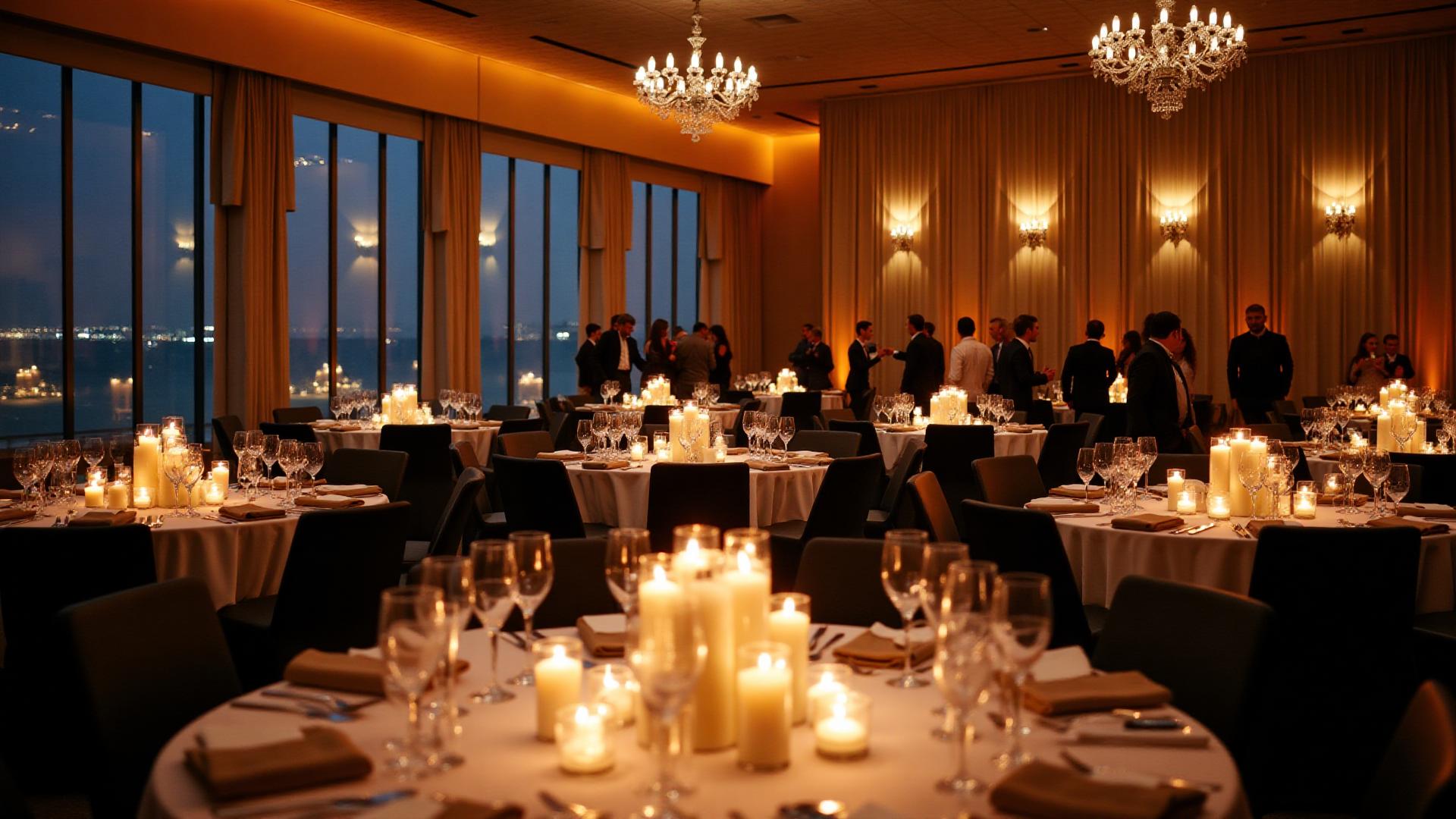 Evento corporativo em salão elegante com mesas e velas